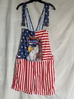 Patriotic Eagle And Flag Print Overalls - Red White & Blue